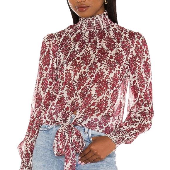 MINKPINK Tops - MINKPINK Nadia Blouse in Wine & White Small mock chiffon neckline sheer floral